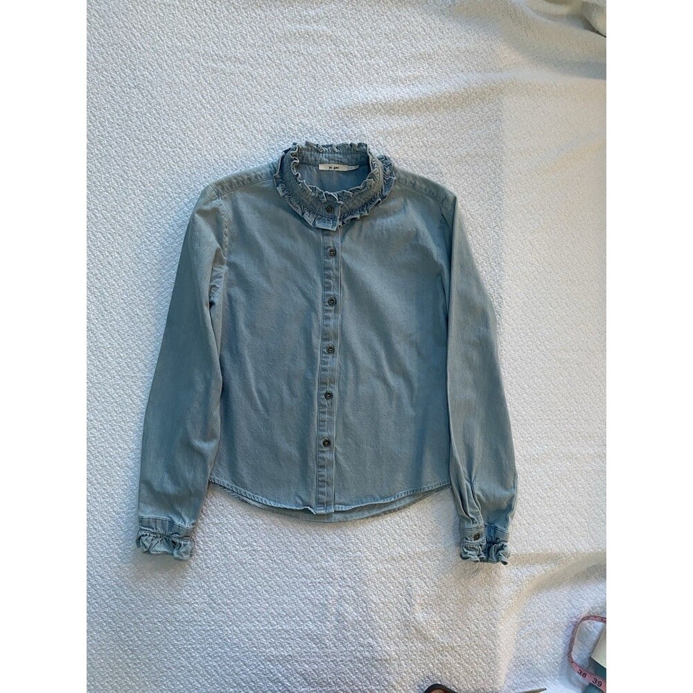 Mi Ami XS Light Wash Denim Ruffle High Neck Blouse Victorian Western Cottagecore